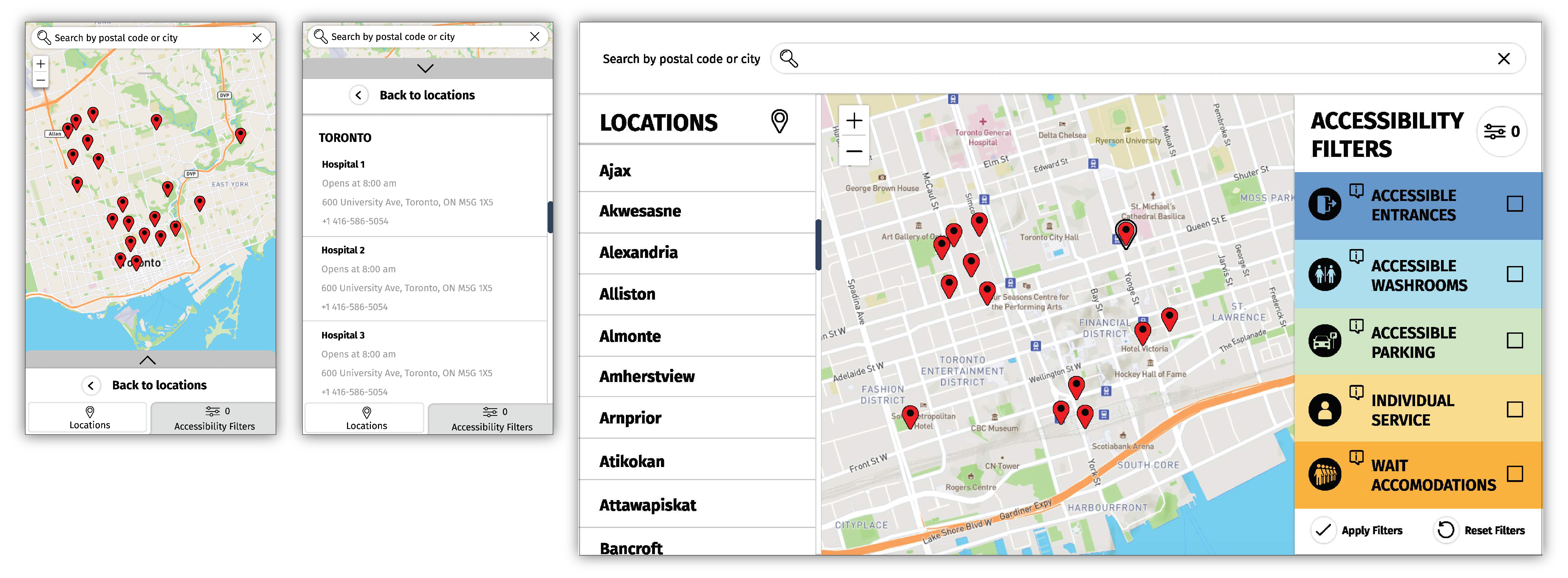 Accessibility Features Wireframe showing the city/area navigation on mobile and desktop view.