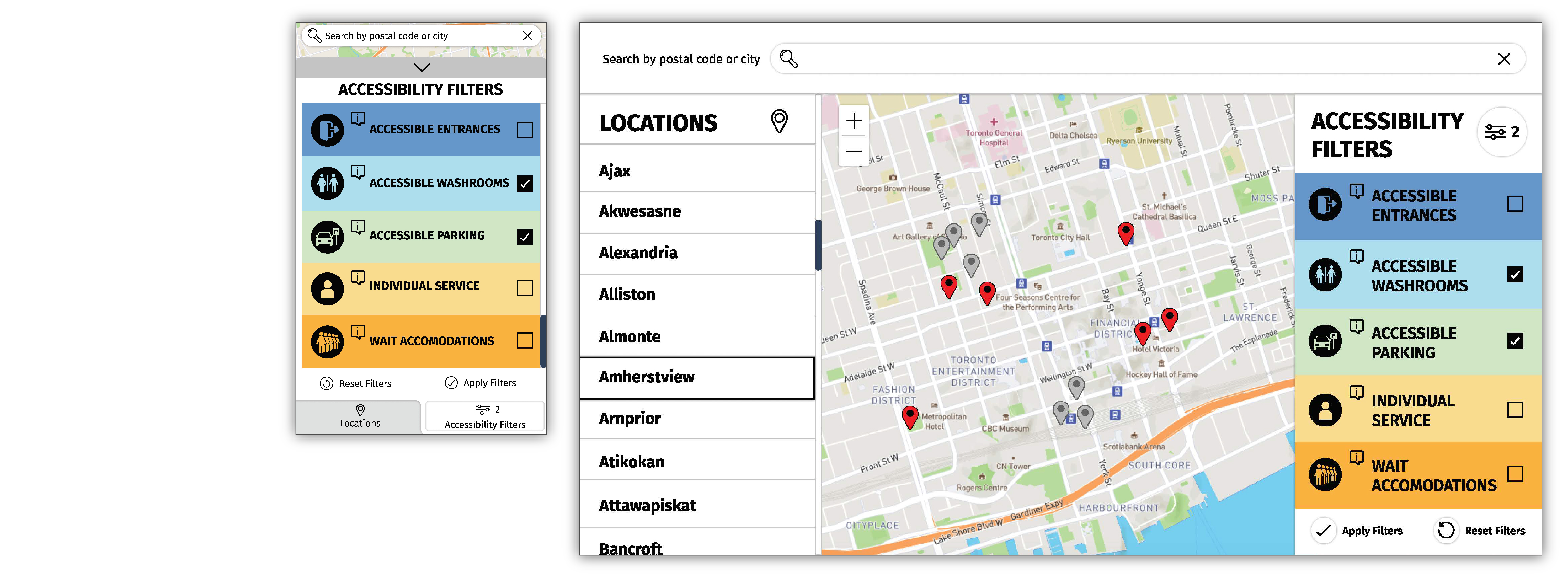 City Navigation Wireframe showing the covid-19 testing centres on mobile and desktop view.