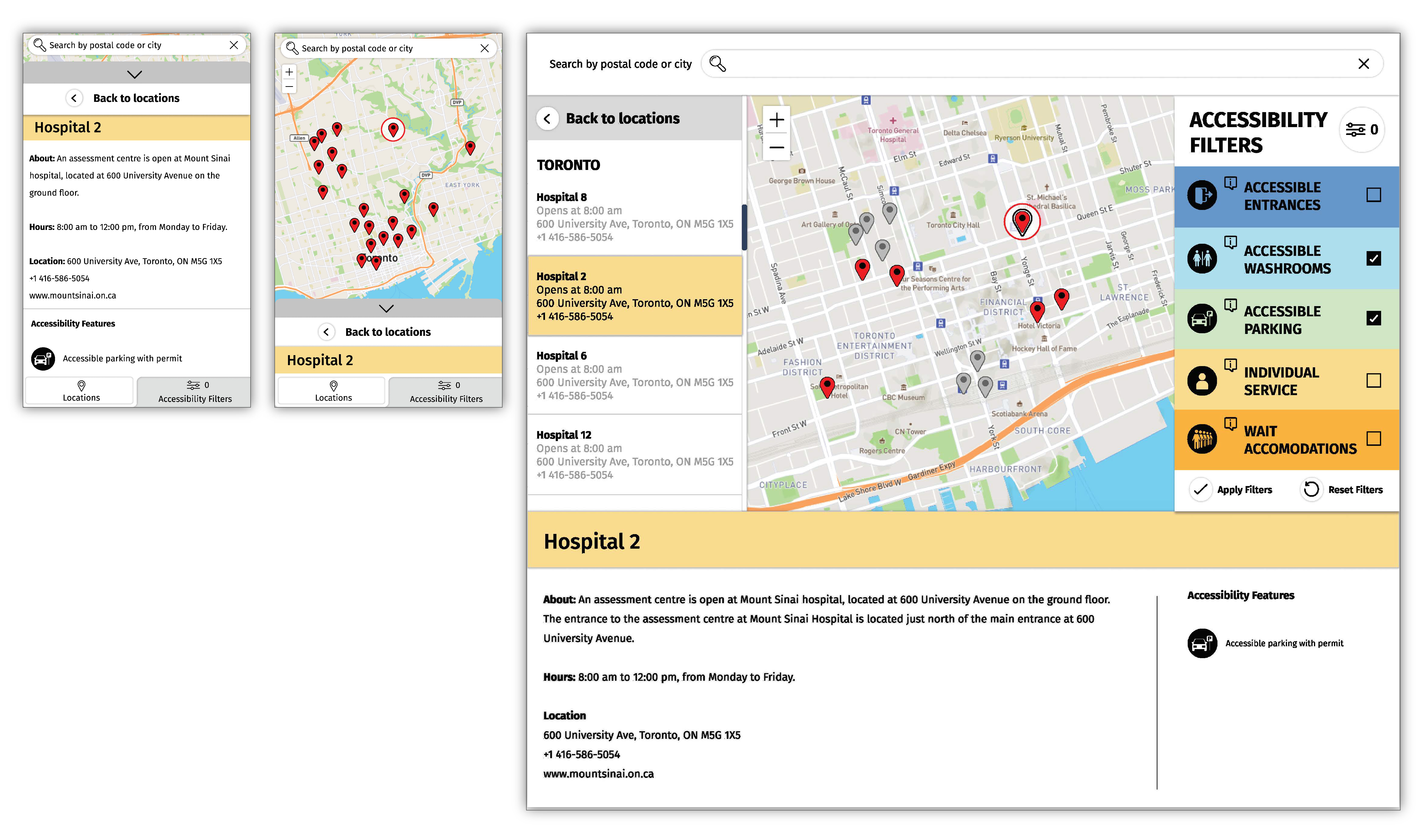 Centre Details and Contact Information Wireframe showing the centre selection on mobile and desktop view. The pop-up displays the address, contact details and available accessibility features.