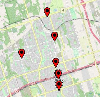 Map with marker pins on it.